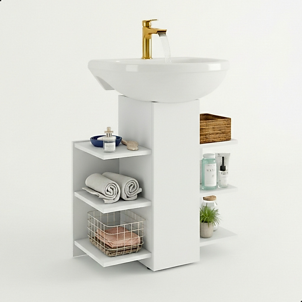 *PROMOÇÃO* Armário Para Pia de Coluna de Banheiro Gabinete Fixo e Nichos Branco Flex Compacto S Cuba