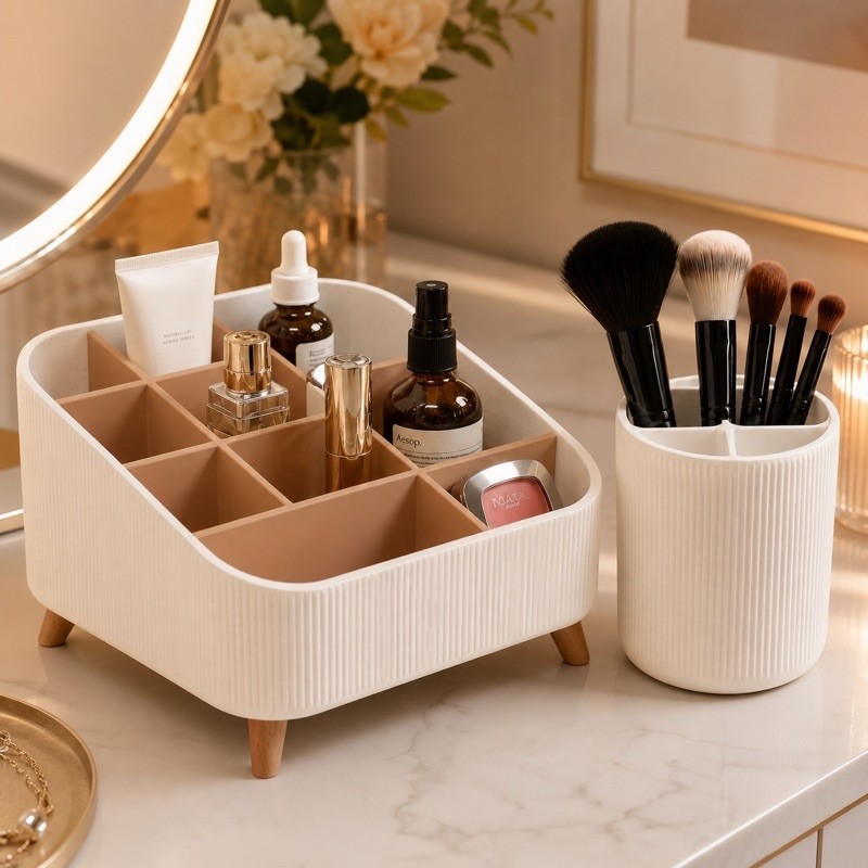 Kit Organizador de Maquiagem e Porta Pincéis | Elegante para Penteadeira, Cosméticos e Skinc