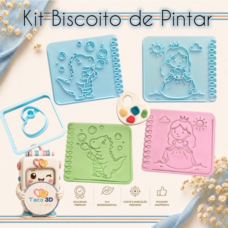 KIT CORTADOR DE BISCOITO DIA DAS CRIANÇAS PINTAR PINTURA COLORIR CARIMBO INFANTIL PRESENTE PRINCESA DINOSSAURO BOOBIE