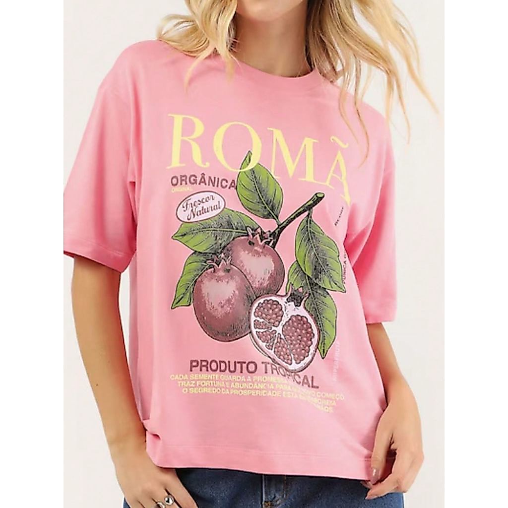 Camiseta Feminina Estilosa Moderna Casual 100% Algodão Manga Curta Tecido Leve Confortável Estampa Streetwear: Romã
