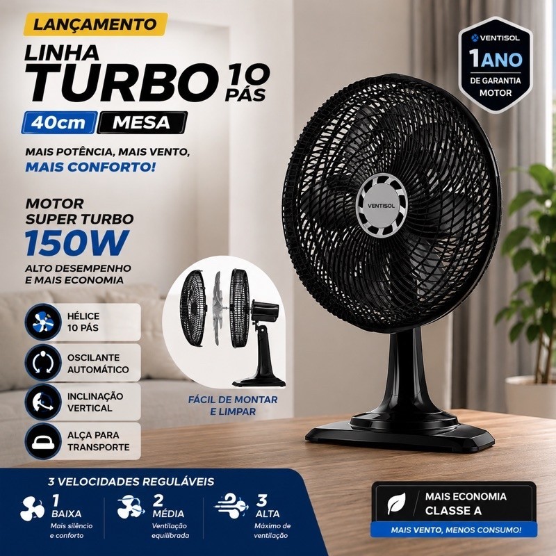 Ventilador de Mesa Ventisol Turbo 10P 40cm silencioso motor super turbo Preto/Cinza