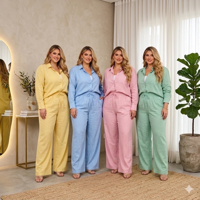 Conjunto Viscolinho Plus Size Calça Pantalona Forrada + Camisa de Manga Comprida Elegante G1 G2 G3