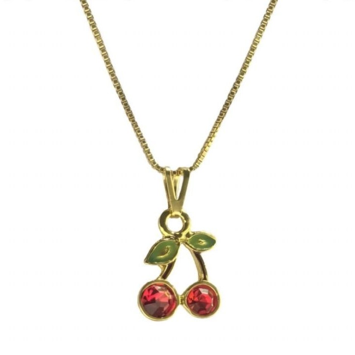 Colar cereja cerejinha vermelha zircônia folheado a ouro 18k tendência cherry