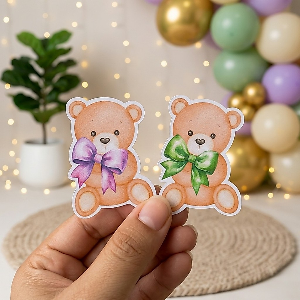 26 Apliques 5cm Ursinho LILÁS E VERDE chá de bebê revelação fraldas tubetes kit festa lembrancinha adesivo