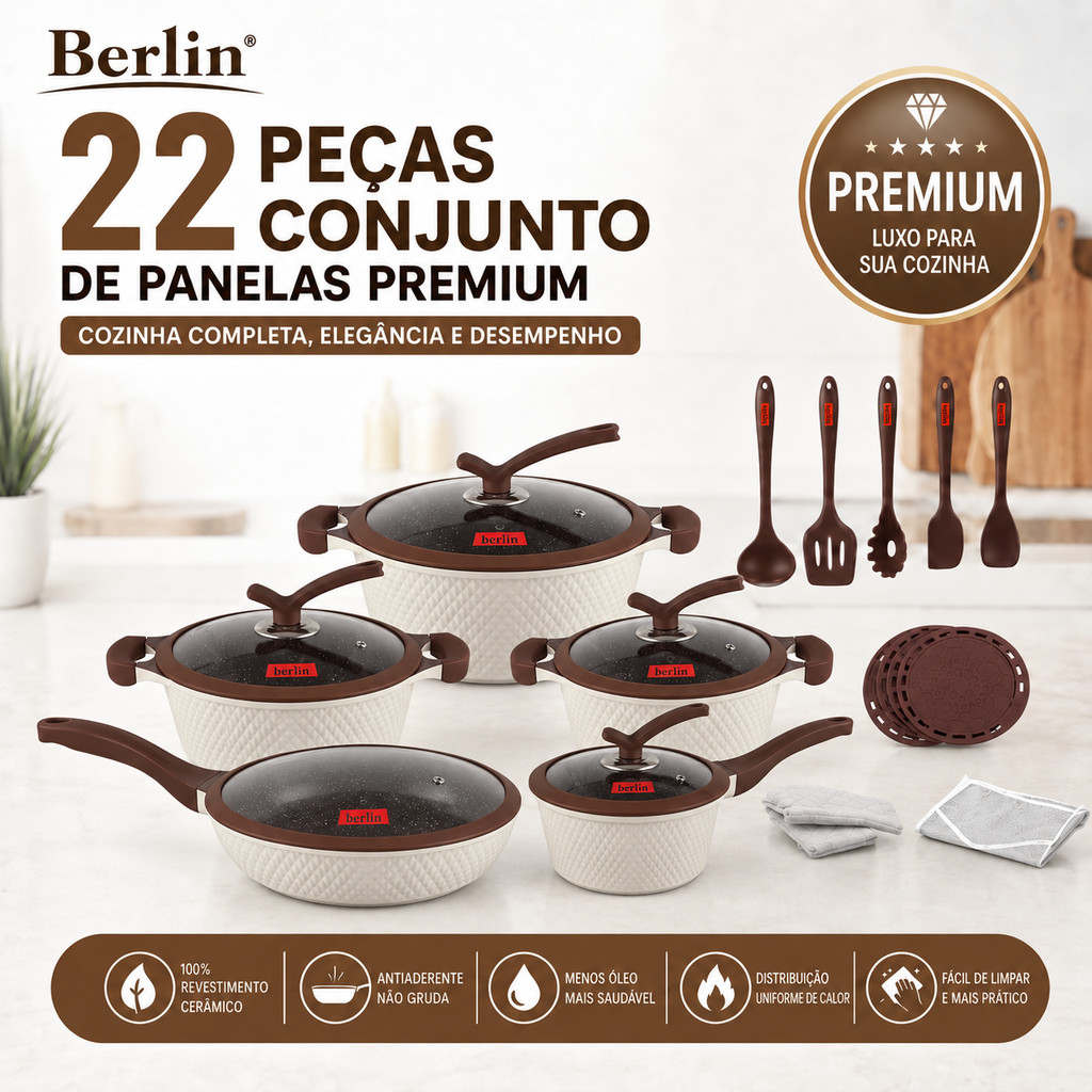 Jogo De Panelas Berlin Antiaderente Cerâmica 22 Peças - Indução E Gás Conjunto De Luxo Com Tampa De Vidro E Utensílios