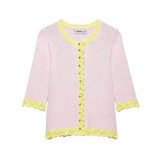 Suéter de malha feminino Willshela, com detalhes em patchwork rosa, fechamento frontal, gola redonda, mangas curtas, est