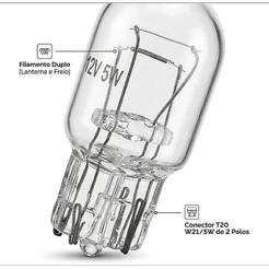 Par Lâmpada T20 Esmagada 2 Polos 12V 21/5W Lanterna Freio Ré Transparente Halógena (02 Unidades)