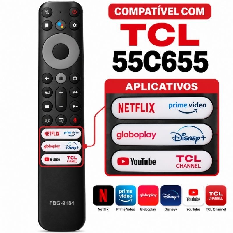 Controle Remoto Compativel Tv Smart TCL 55C655 55" 4K QLED FBG-9184