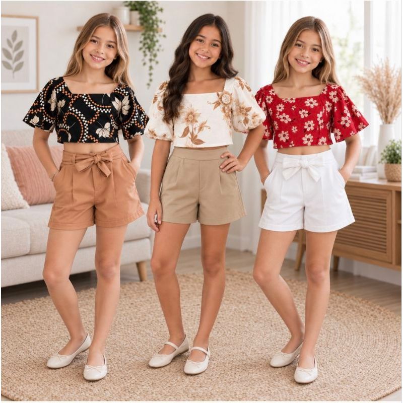 Conjunto Juvenill Menina 2 Peças Alfaiataria Blusa Estampada + Shorts com Laço Tamanho 10 ao 12