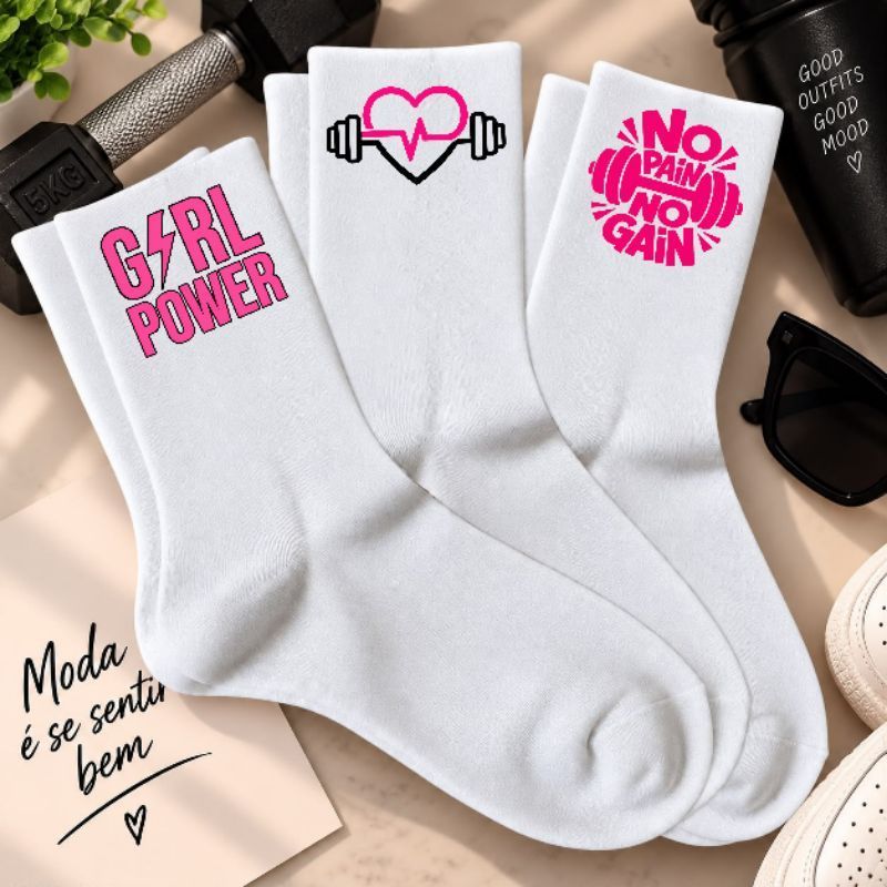 Kit 3 Pares de Meias Femininas Estampadas Brancas Estilosas Academia Fitness Algodão Premium Confortáveis Moda Casual