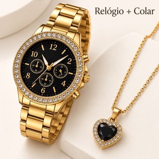 Kit Relógio Feminino Dourado Luxo + Colar Coração Premium Elegante