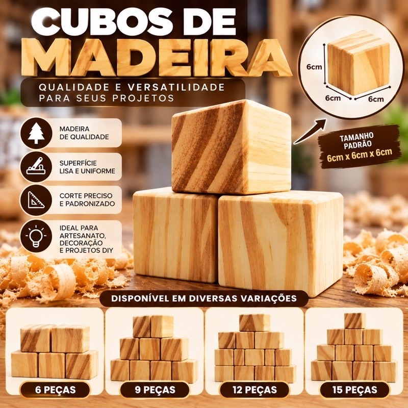 Cubos de Madeira p/Decoração Maciço 6x6. Cantos Arredondados, Brinquedos, Artesanato e Decorações