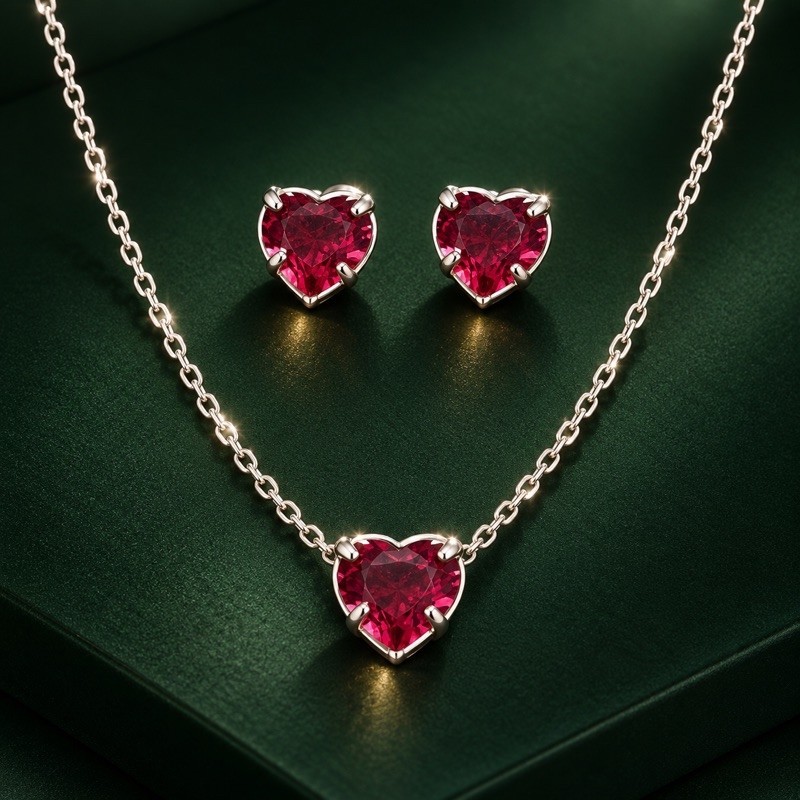 Conjunto Coração rosa em Prata 925
