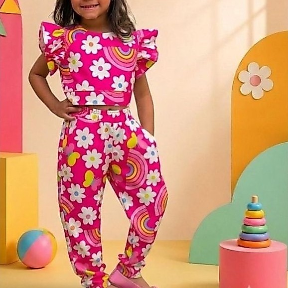 Conjunto Infantil Menina Calça + Blusa Curta Cropped Calça cós alto Rosa Florido Flor