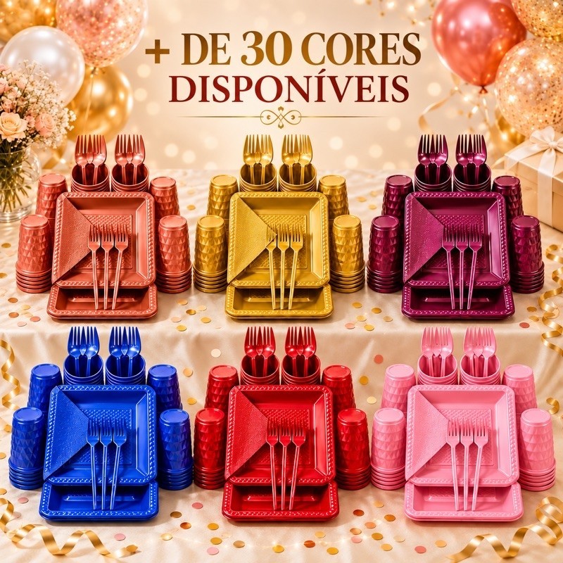 kit 180 e 130 Itens Aniversário Descartável Diamante  Perolado Quadrado 40 Pessoas Luxo Reforçado Festa Prato Copo Garfo