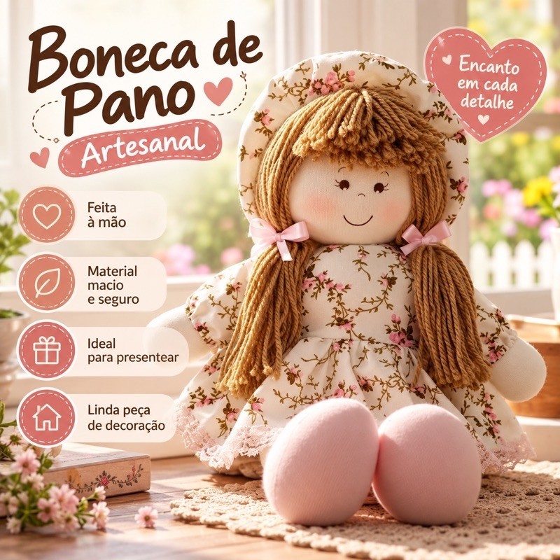 Boneca De Pano Infantil Menina 37 Cm Macia