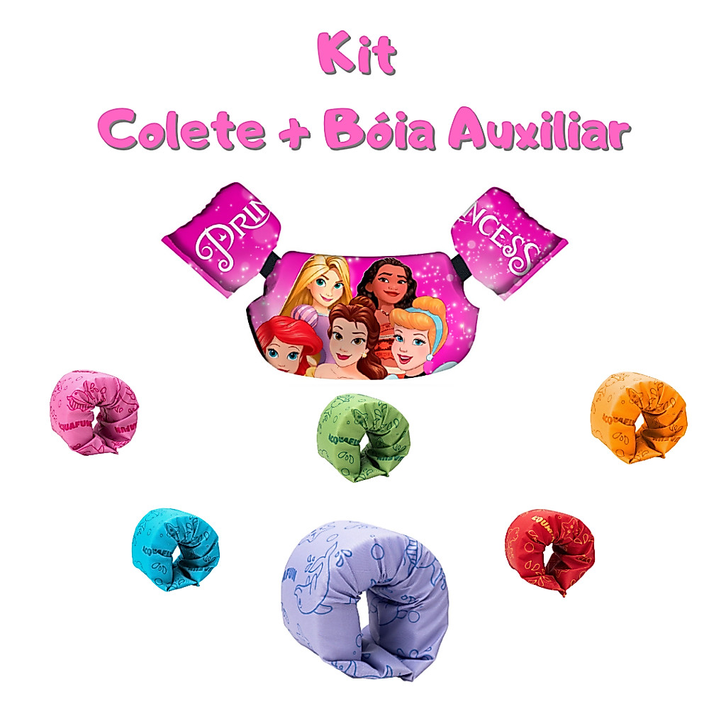 Kit Bóia Colete Salva Vidas Desenhos Animados + Bóia Auxiliar Não Fura