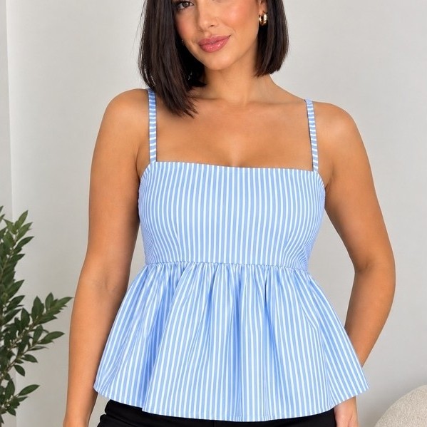 Blusa Bata Regata Feminina com Babado Peplum Listrada Alcinha