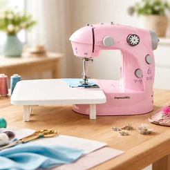 Mini Máquina de Costura Portátil Rosa Com Mesa e Pedal Bivolt Doméstica Com Mesa