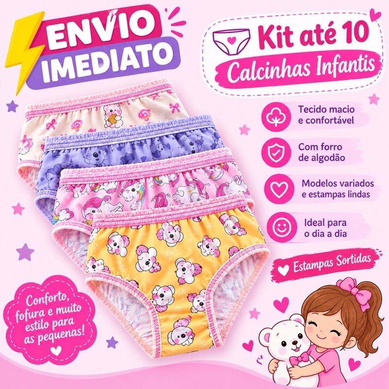 Kit com Até 10 Calcinha Infantil para Menina de 1 a 7 Anos  Estampas Sortidas