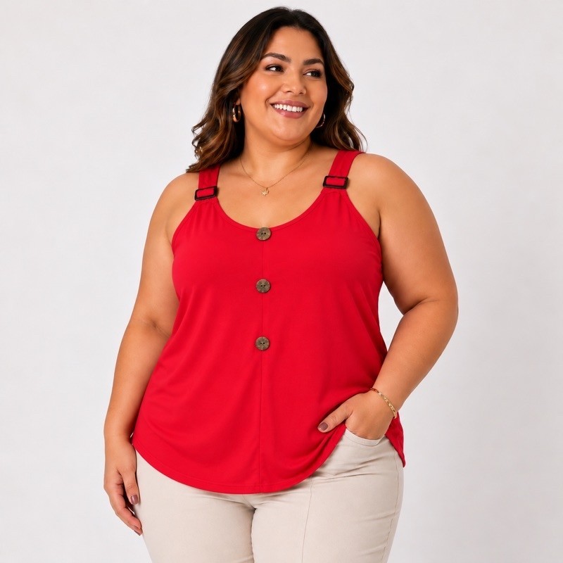 Blusa Feminina Plus Size Regata Malha Estampada Alça Com Fivela Decorativa E Botões Veste do 46 ao 50 — imagem 2 de 2