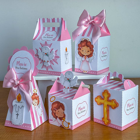KIT CAIXINHA PERSONALIZADA BATIZADO ROSA (MENINA) LEMBRANCINHA PARA FESTA (SEMI MONTADA)