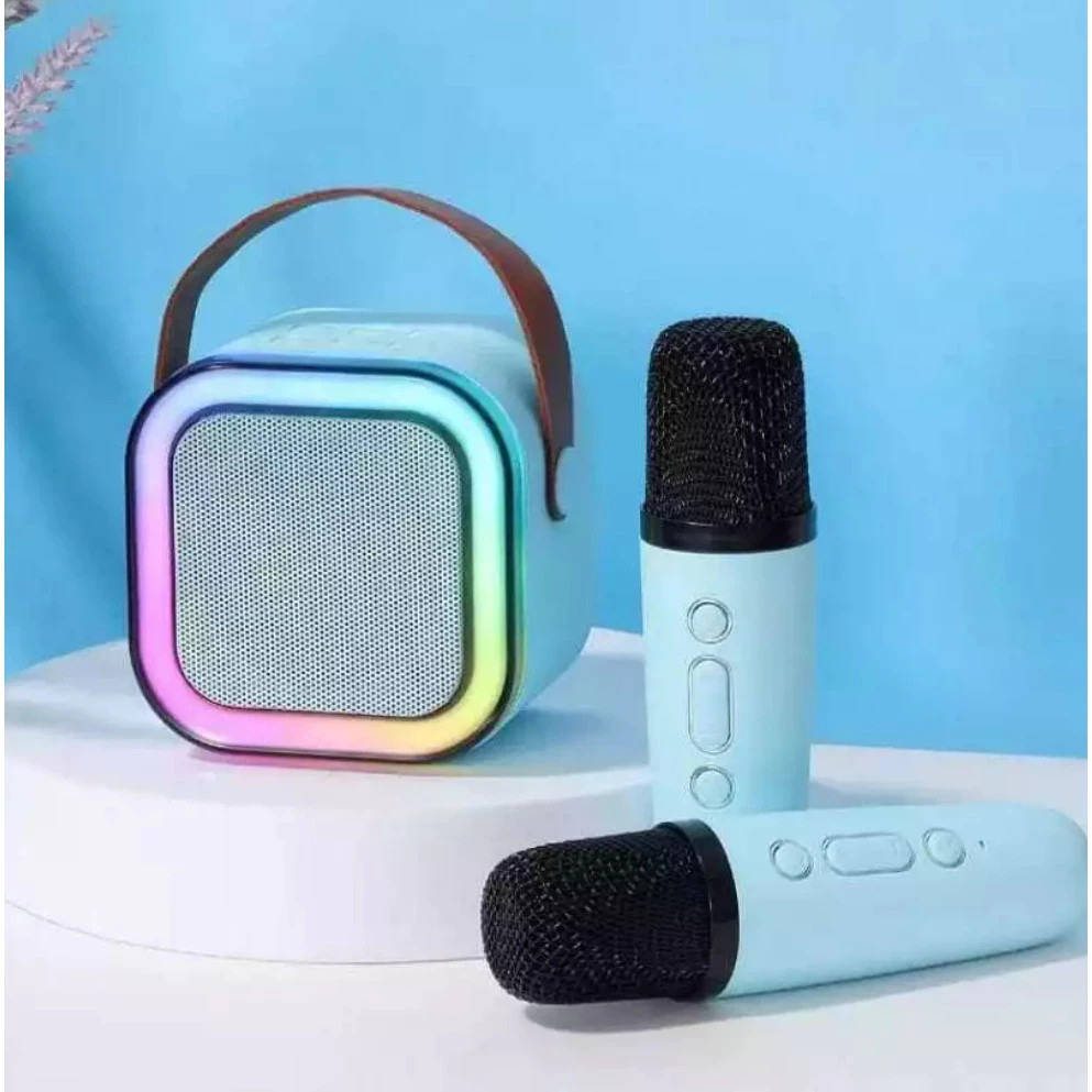 Caixinha de Som Infantil Azul Bluetooth Karaokê com Microfone LED RGB