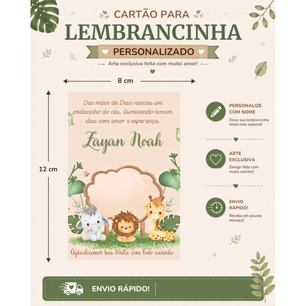 Cartão personalizado para lembrancinha de aniversário/chá de bebê/ maternidade- SAFARI- CHAVEIROS/ VELAS/ SABONETES