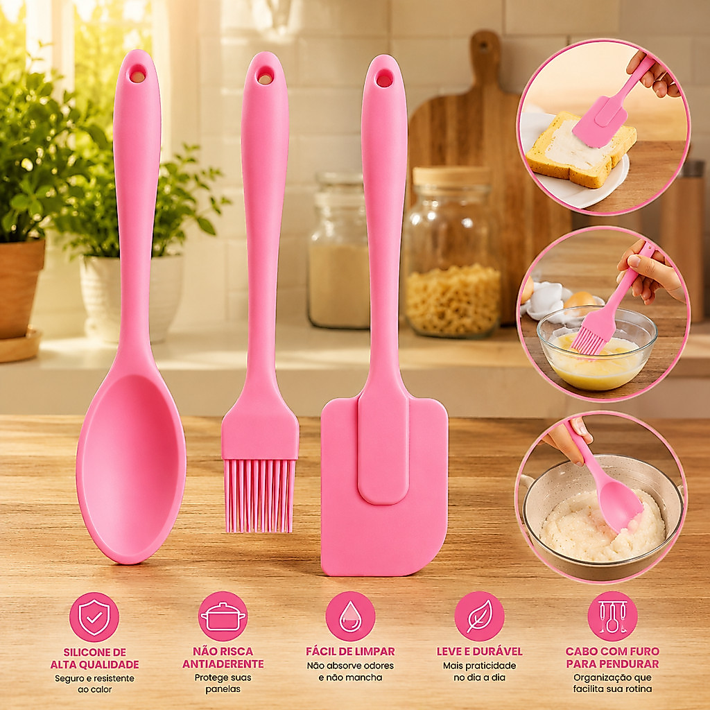 Kit 3 Peças Colher E Pincel Espátula De Silicone Culinário