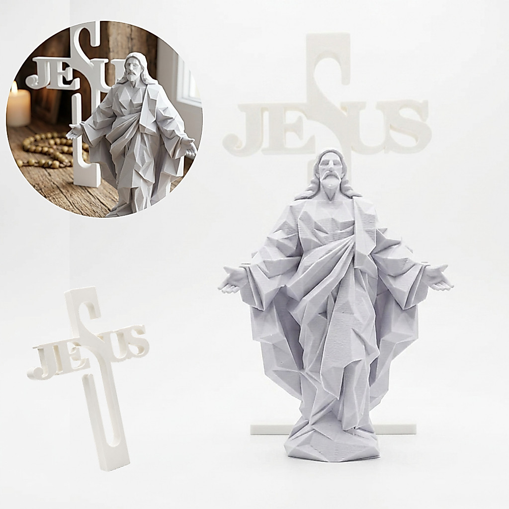 Cruz + Jesus Decorativa Branca Impressão 3D Escultura Religiosa Decoração Cristã Presente