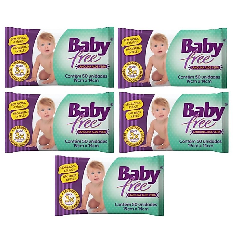 Kit com 5 Lenços Umedecidos Baby Free Toalha Umedecida Qualybless com 50 unidades