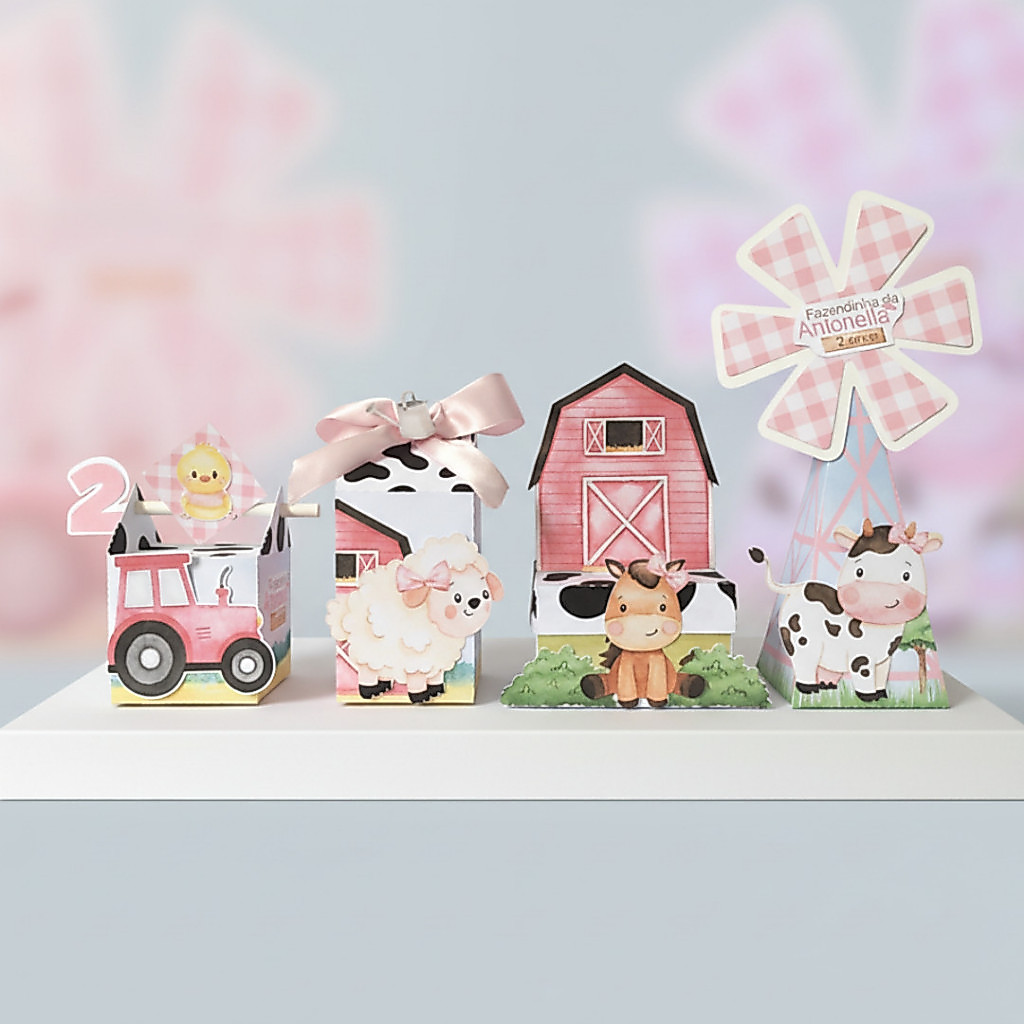 Kit Festa 20 - 40 Lembrancinhas Personalizadas - Fazendinha Rosa -caixinhas personalizadas-papelaria