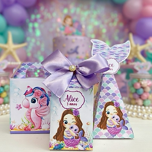 Kit Caixinhas Personalizadas Sereia Fundo do Mar Lembrancinhas Festa Infantil Milk + Presente + Pirâmide Pegue e Monte