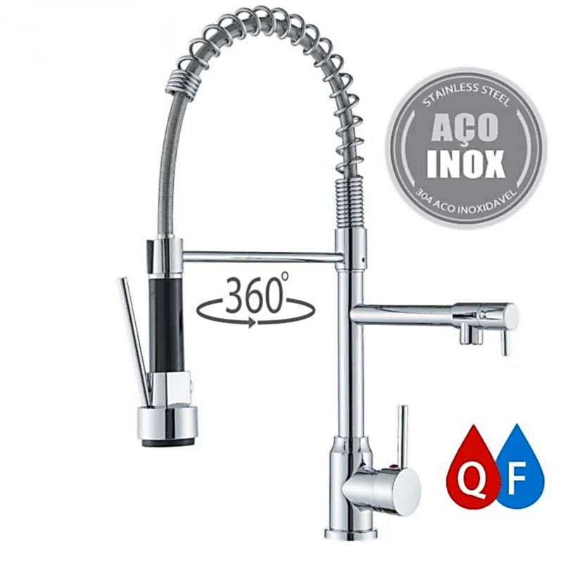 Torneira Cozinha Gourmet de Bancada Monocomando Preta Com Spray Flexível Misturador, Torneira Rotação 360°