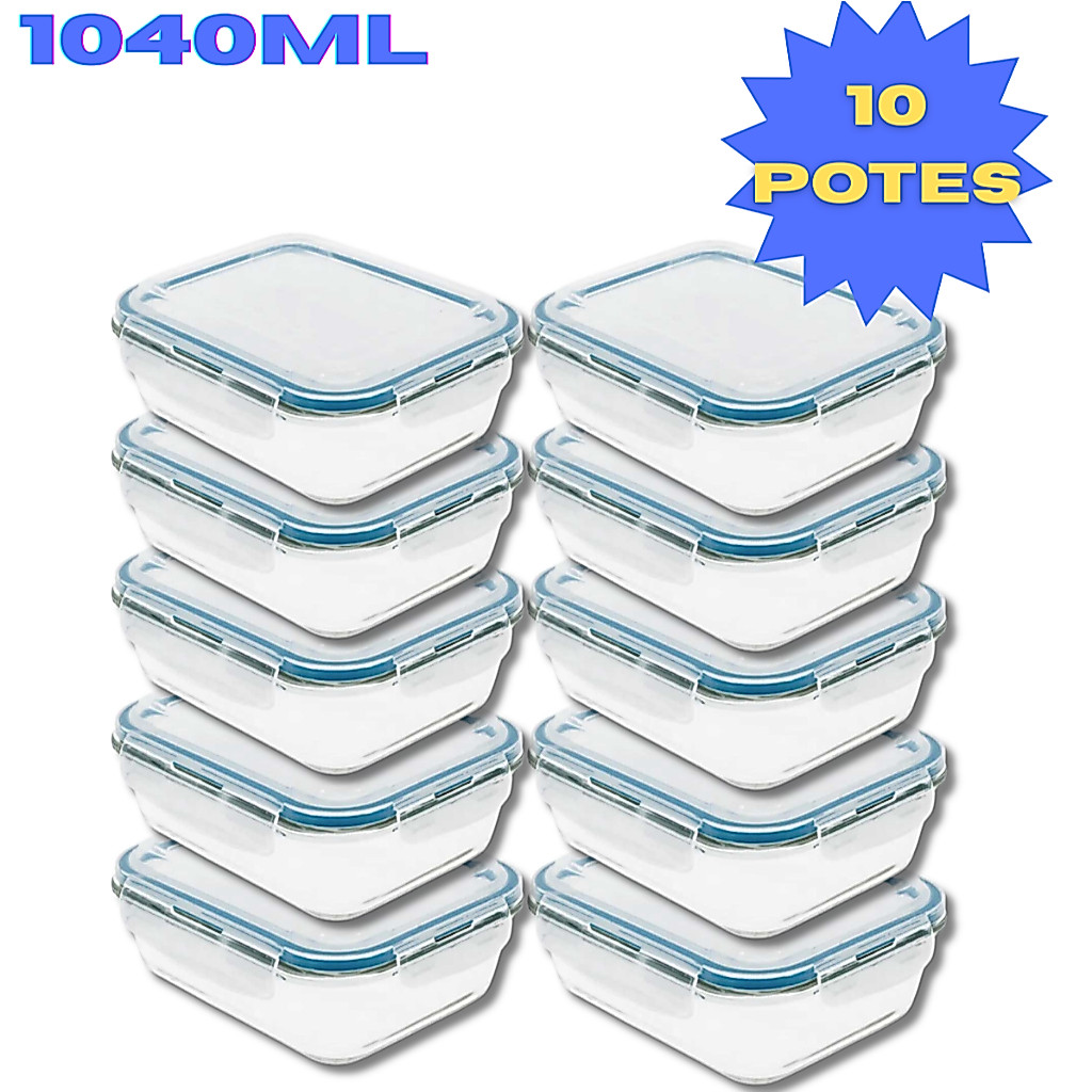 Kit 10 Potes Hermético 1040ml Vidro 4 Travas Marmita Armazenamento De Alimentos Cozinha