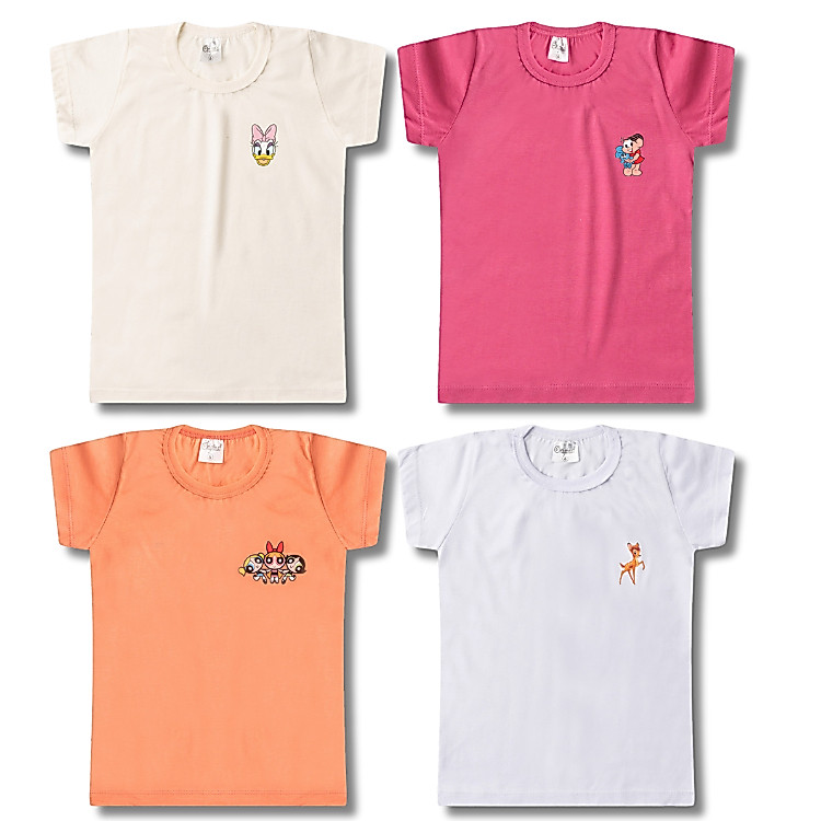 Kit Sortido 4 Blusas Manga Curta Estampa DTF Lisa Feminina/Menina Camiseta Infantil Juvenil Escolar