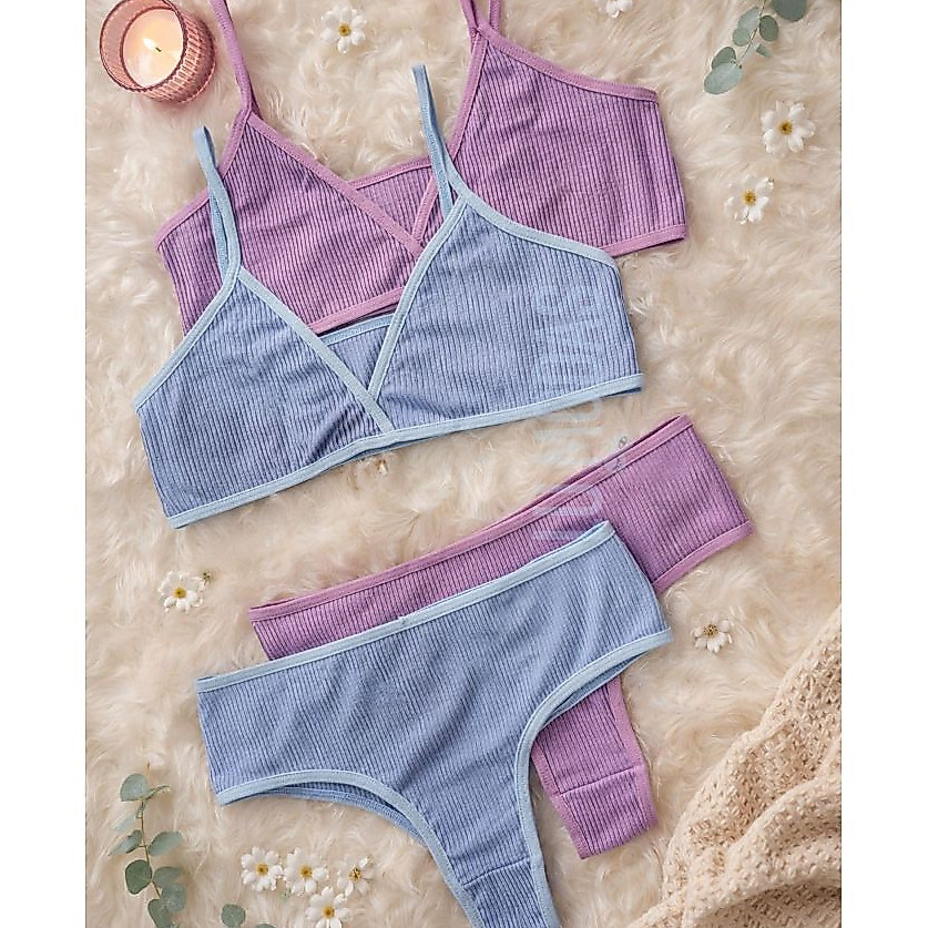 Conjunto Canelado Sem Bojo Conforto Top Alça Fina + Calcinha Moda Lingerie Confortável Feminina