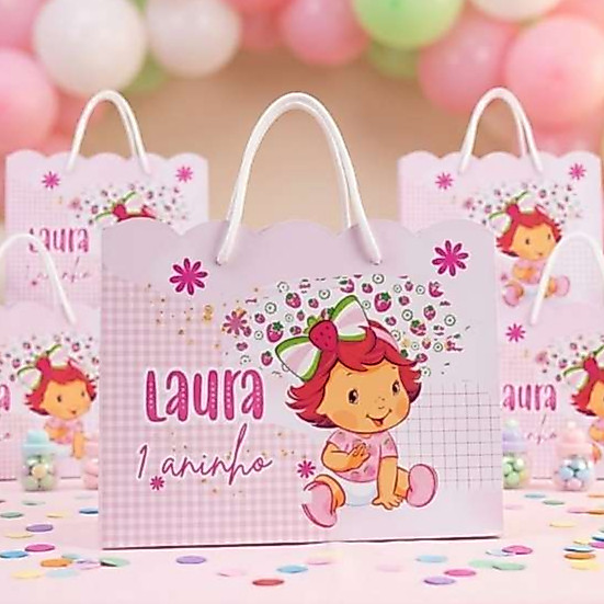 Kit Sacolinha Papelaria Personalizada Moranguinho Baby Sacola de Lembrancinha para Festa Aniversário PEGUE E MONTE