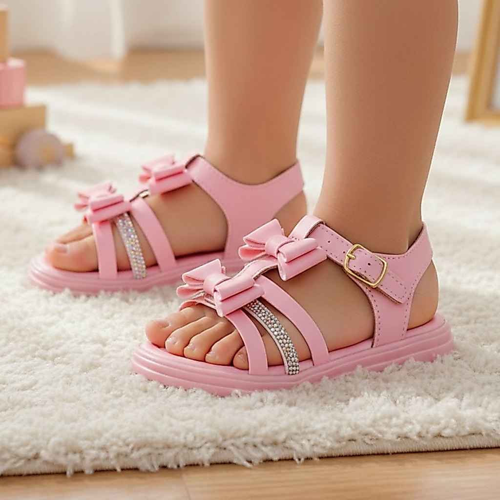 Sandália Infantil Menina Bee Happy Rosa Com Laço Strass Confortável e Ajustável