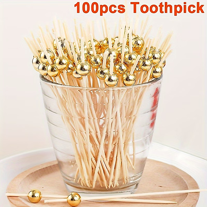 Kit 100 Palitos Petiscos Bambu Para Petisco Decorado Bolinha dourada 12cm- Aniversários Casamentos Festas