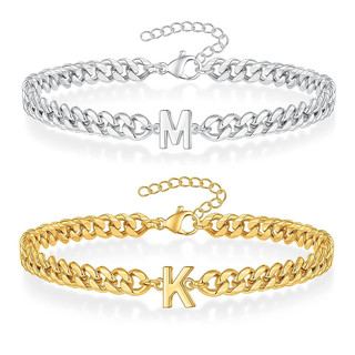 Pulseira Inicial para Homens e Mulheres, Pulseira de Corrente Prateada Dourada para Homens com Letras A~Z, Corrente Cuba