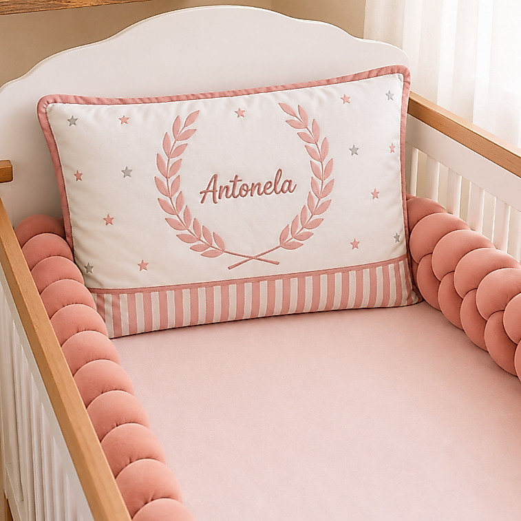 Kit Berço Personalizado Menina Rose c/ Nome Bordado Completo 7 Peças Kit Trança 100% Algodão