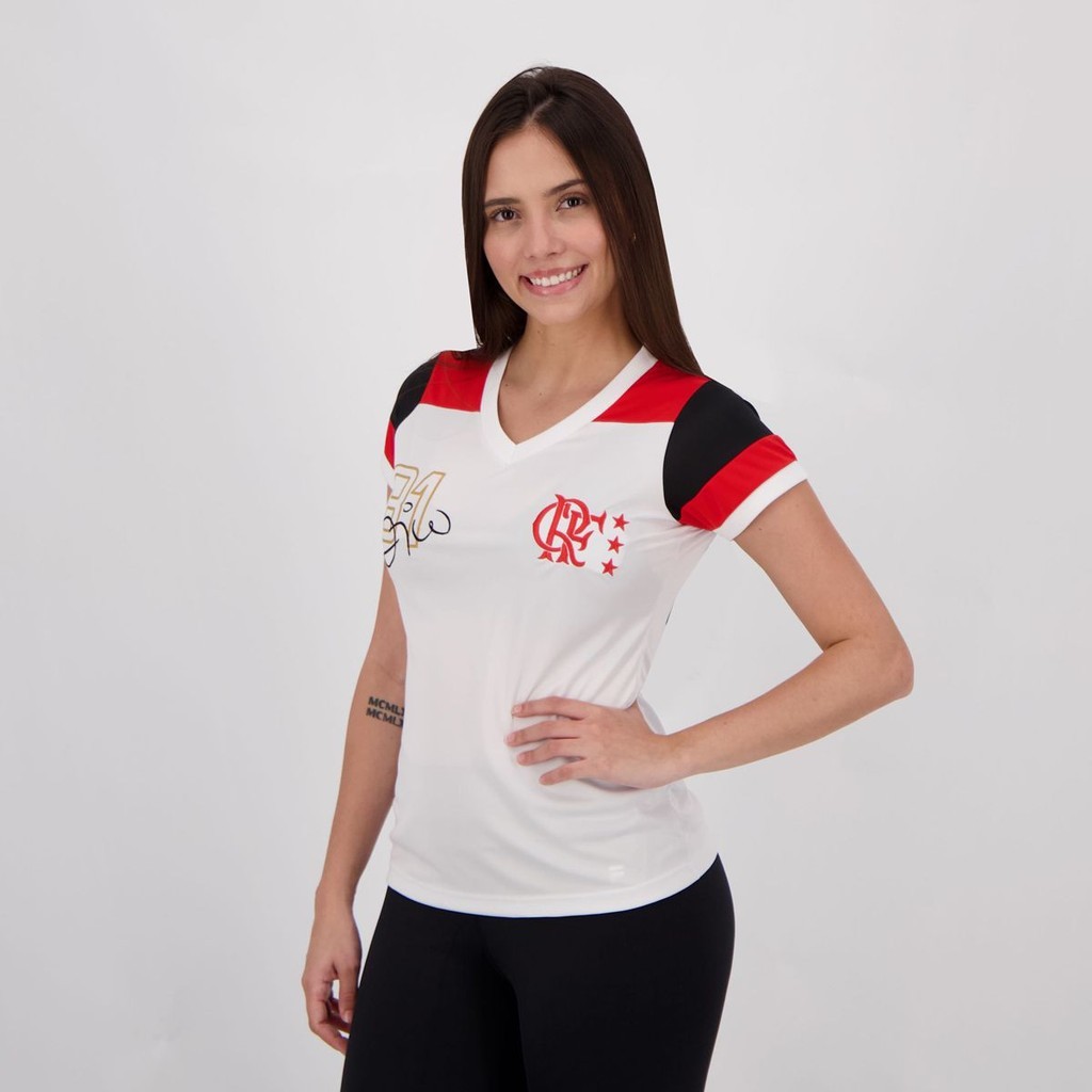Camisa Feminina Flamengo Zico Retrô Mundial 1981 Oficial - Branco