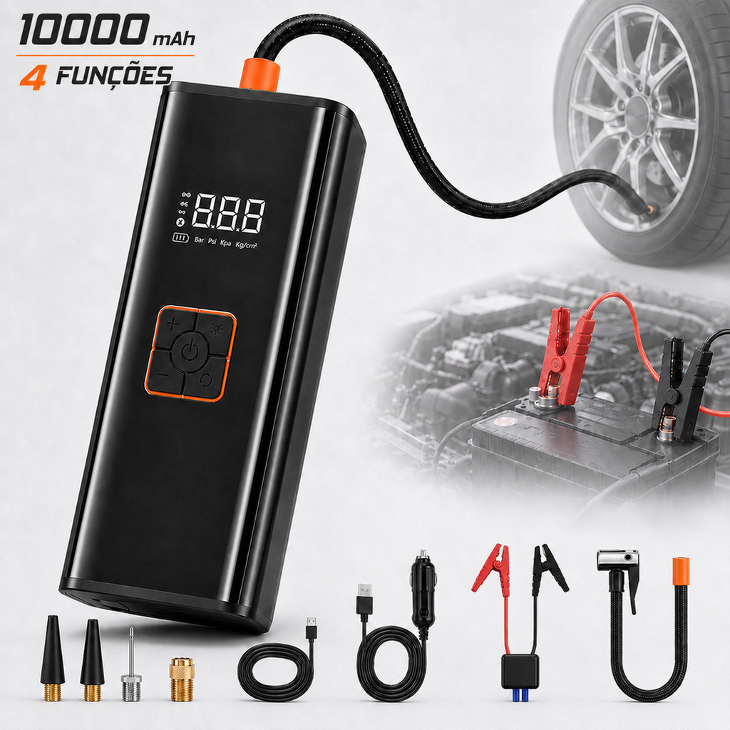 Auxiliar de Partida Portátil 150PSI Compressor de Ar Power Bank 10000mAh 4 em 1 Lanterna LED Tela Digital
