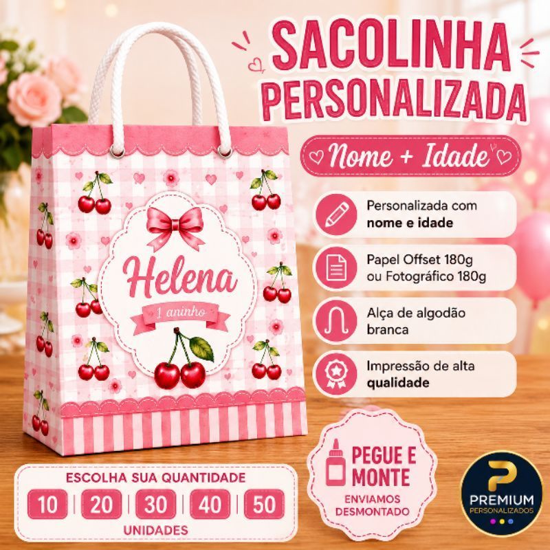 Sacolinha Personalizada Cerejinha com Nome e Idade para Festa Infantil