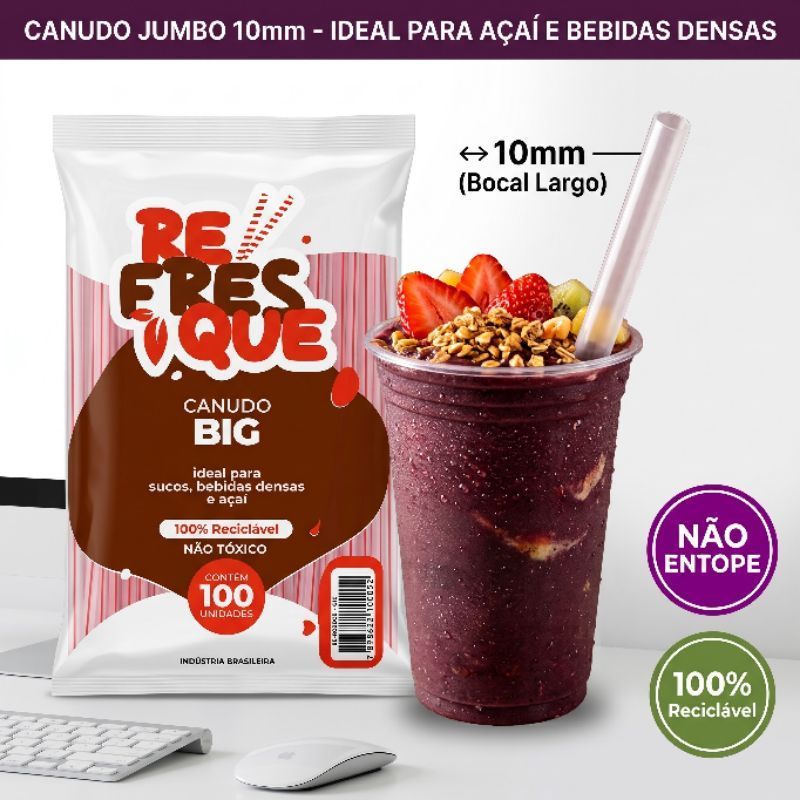 Canudo Grosso 10mm Para Açaí, Milk Shake e Drinks - 100, 200 ou 300 Unidades