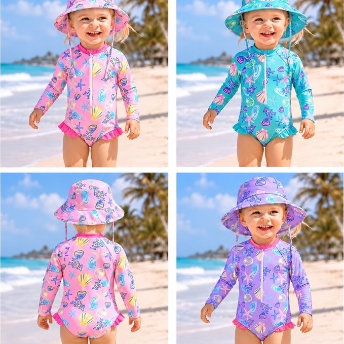 Maiô Infantil Manga Longa com Proteção Solar UV para Praia e Piscina Menina