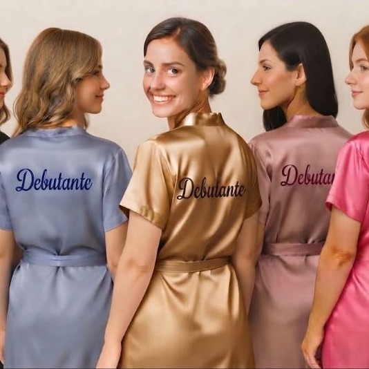 robe debutante bordado tecido cetim manga curta com faixa para amarrar