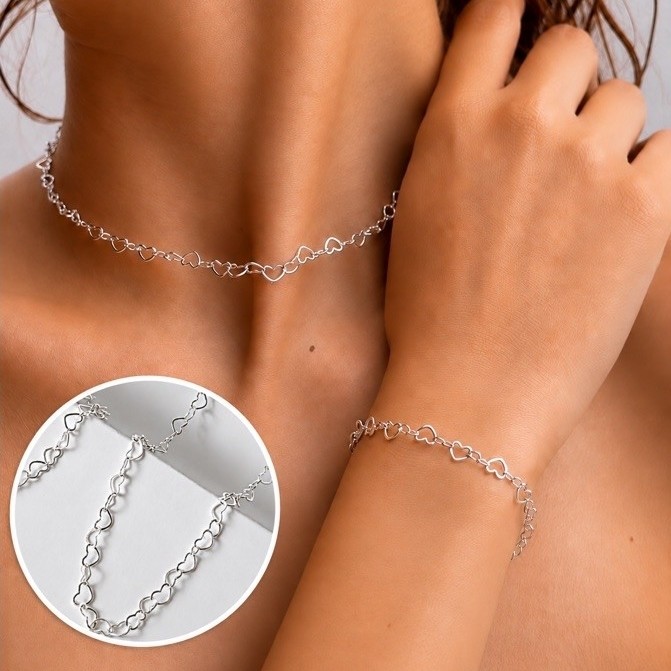 Conjunto Colar e Pulseira Corrente Coração Vazado Delicada Folheado à Prata | Choker