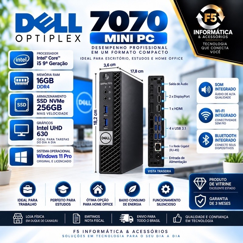 MINI PC DELL  Optiplex Micro 7070 - Intel Core I5 9500T 16GB RAM/SSD NVME 256 GB/ BLUETOOTH/WIFI/SOM INTEGRADO